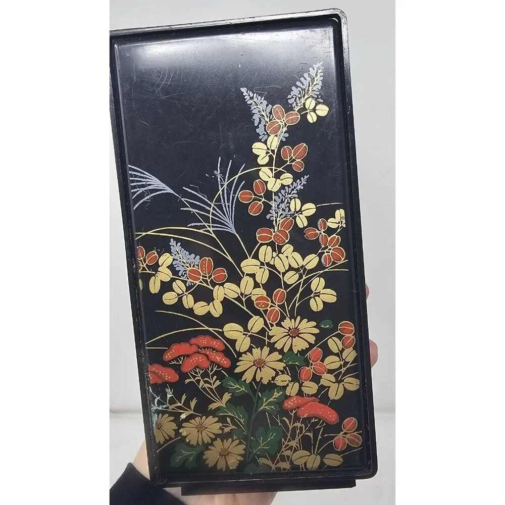 Vintage Hong Kong Black Vanity Jewelry Trinket Box Flip Rotating Mirror Floral